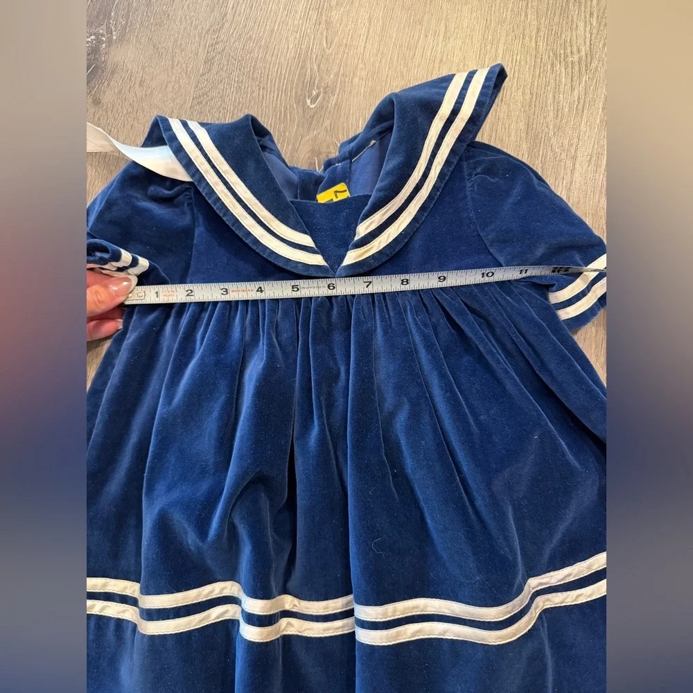 vintage blue velour sailor dress with white piping trim